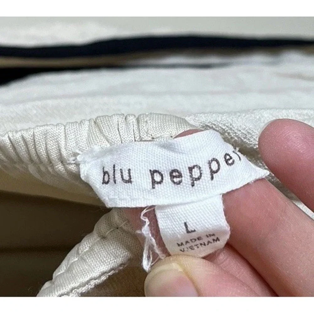 Blue Pepper Cream Contrast Tiered Dress L Boho Minimalist Sundress Cottage - Picture 7 of 8